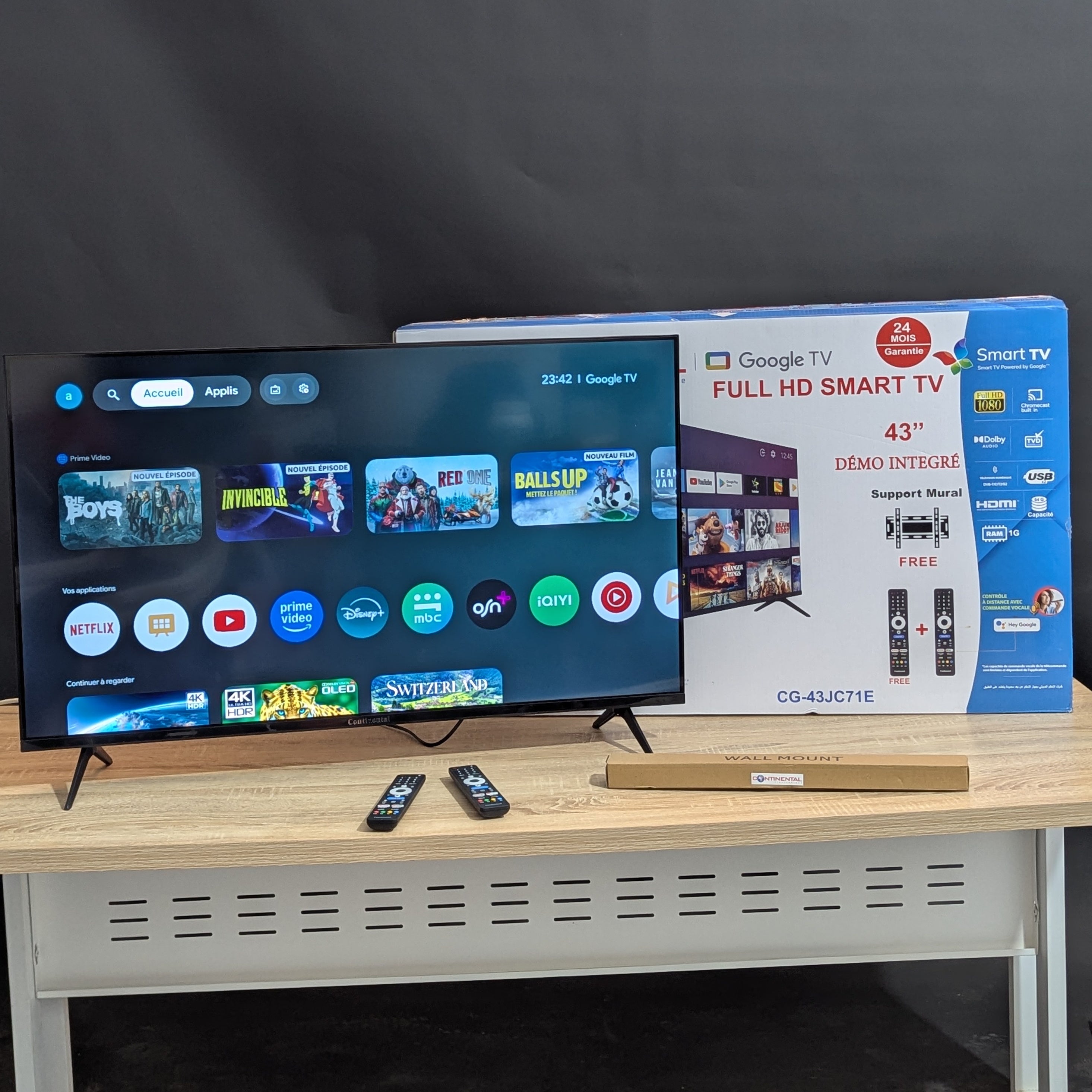 Television continental 43 POUCES Smart GOOGLE TV + 2 Télécommandes + 1 SUPPORT mural