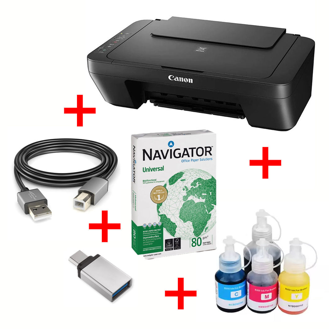 imprimante multifonction + rame 250 feuilles + cable USB + cable OTG + 4 bouteilles d'encre